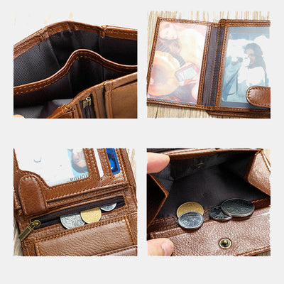 Retro Leather Wallet RFID Blocking Trifold Cowhide Leather Wallet