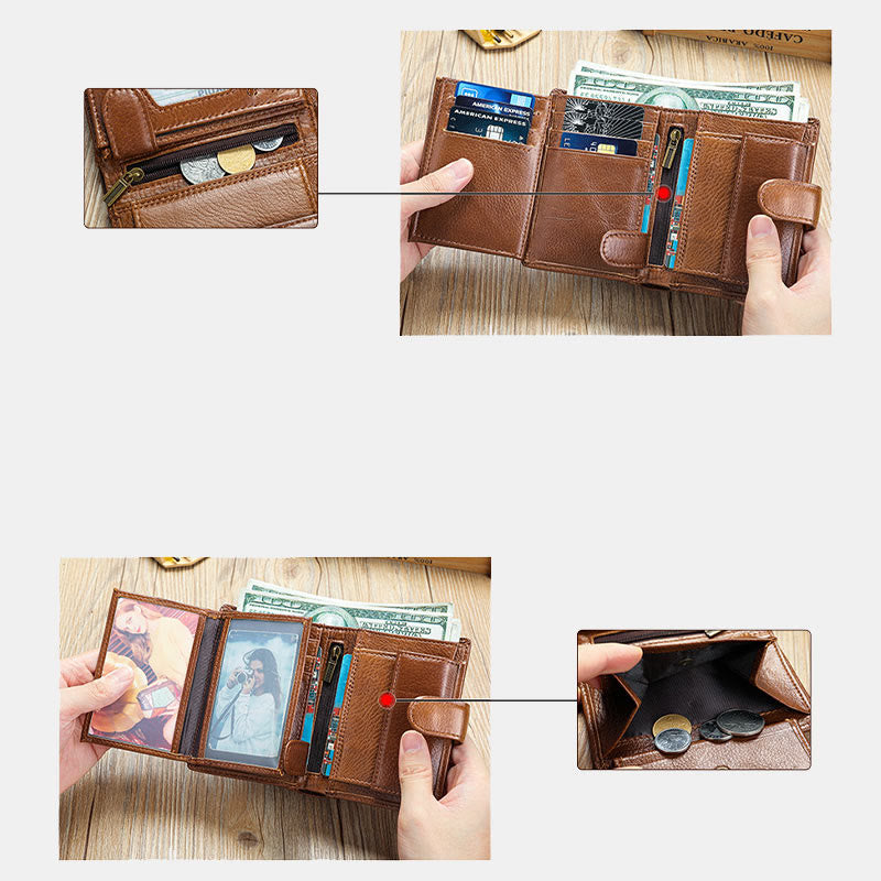 Retro Leather Wallet RFID Blocking Trifold Cowhide Leather Wallet