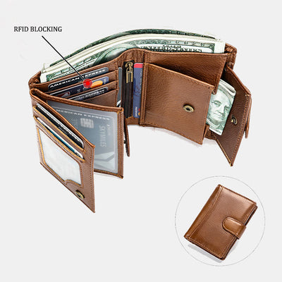 Retro Leather Wallet RFID Blocking Trifold Cowhide Leather Wallet