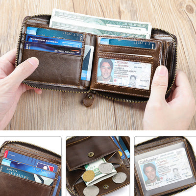 RFID Blocking Zip Around Leather Wallet Card Holder