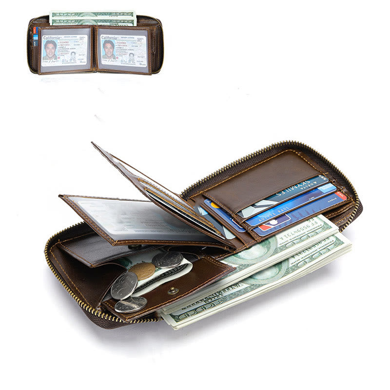 RFID Blocking Zip Around Leather Wallet Card Holder