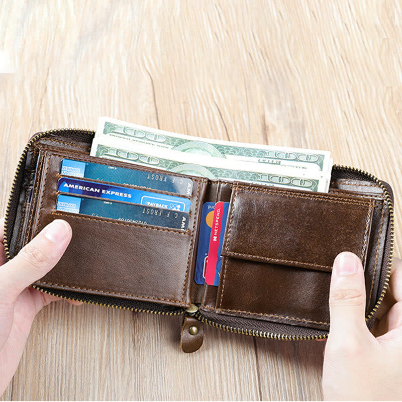 RFID Blocking Zip Around Leather Wallet Card Holder