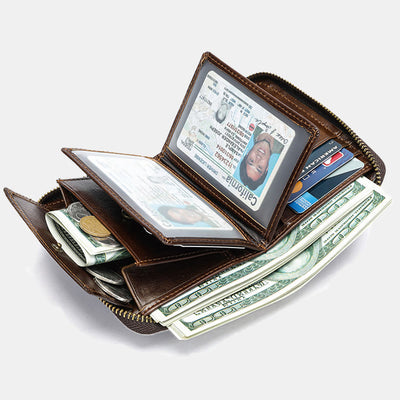 RFID Blocking Zip Around Leather Wallet Card Holder