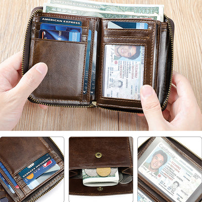 RFID Blocking Zip Around Leather Wallet Card Holder