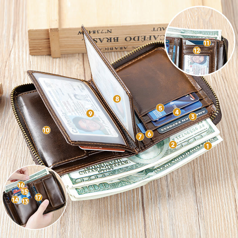 RFID Blocking Zip Around Leather Wallet Card Holder