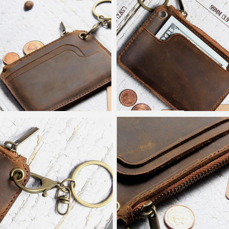 Retro Genuine Leather Small Wallet Zip Coin Purse with Key Chain