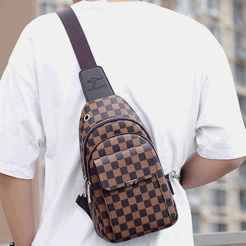 Multipurpose Casual Plaid Leather Sling Bag for Men Crossbody Shoulder Backpack