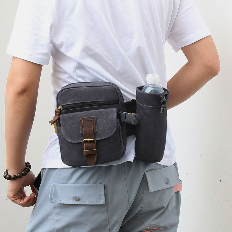 Canvas Belt Bag for Women Men Waist Bag Chest Bag with Bottle Pocket