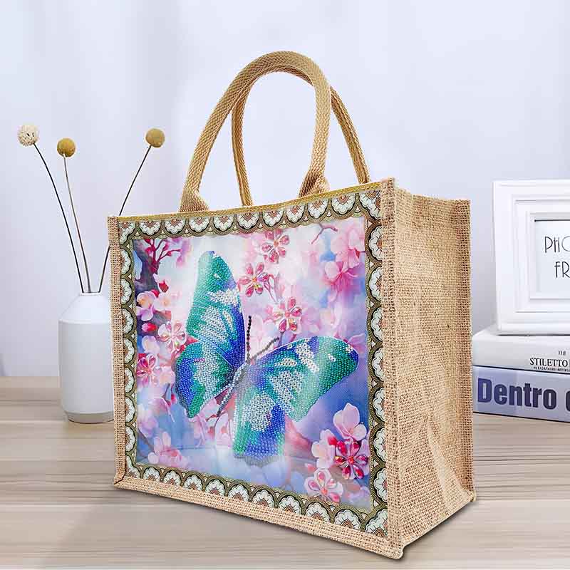 Butterfly and Floral DIY Diamond Art Painting Tote Kit Durable Linen Handbag