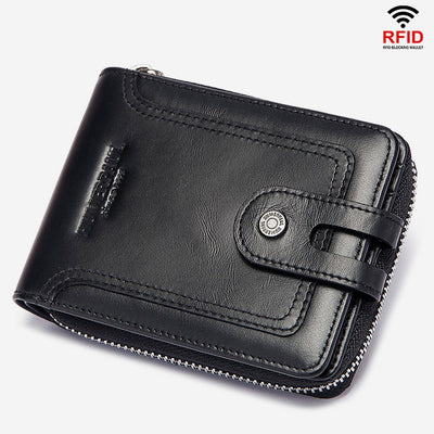 Genuine Leather RFID Blocking Trifold Zip Around Wallet