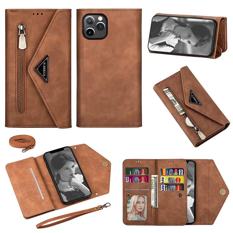 Zipper Leather Wallet Case Phone Cover with Shoulder Strap for iPhone