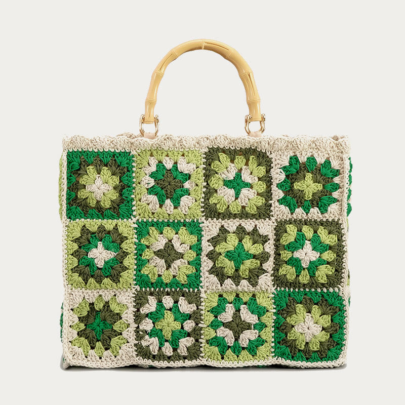 Knitted Floral Patchwork Tote Bamboo Handle Handbag