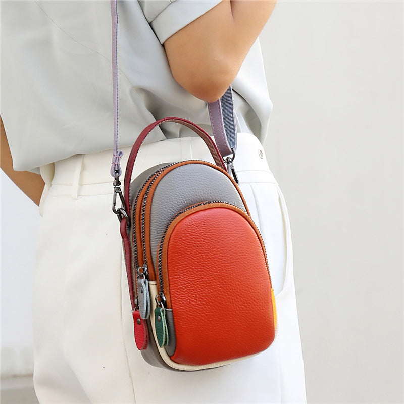 Color Matching Phone Bag Genuine Leather Crossbody Purse For Women