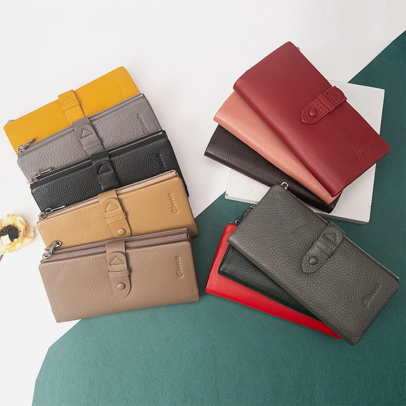 Women Long Leather Wallet Minimalist Double Zipper Compartment Plain Purse