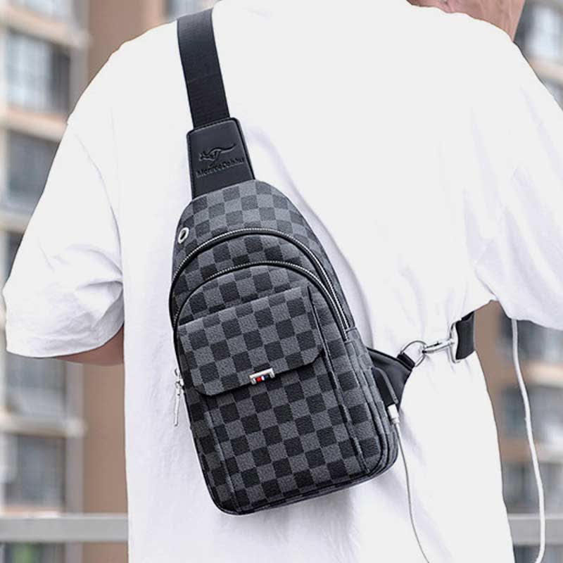 Multipurpose Casual Plaid Leather Sling Bag for Men Crossbody Shoulder Backpack