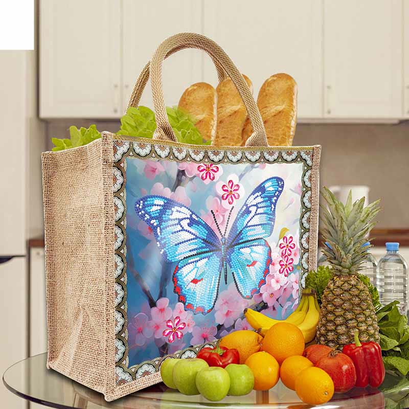 Butterfly and Floral DIY Diamond Art Painting Tote Kit Durable Linen Handbag