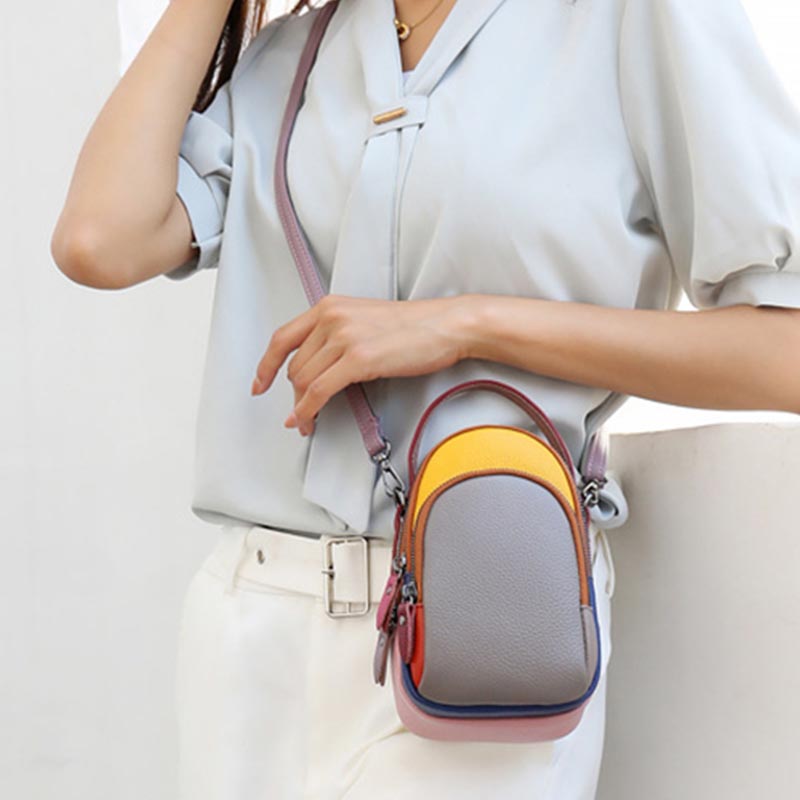 Color Matching Phone Bag Genuine Leather Crossbody Purse For Women