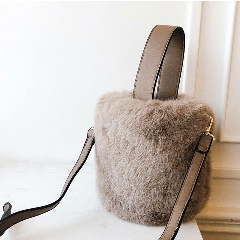 Drawstring Handbag For Women Faux Fur Minimalist Bucket Bag