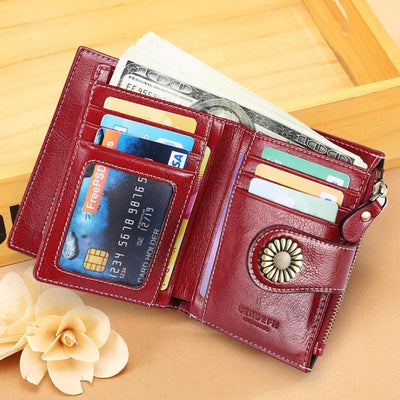 RFID Blocking Trifold Leather Wallet with Zipper Pocket ID Windows