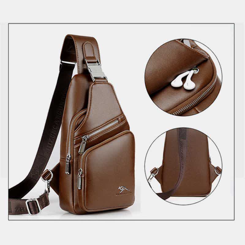 Leather Sling Bag with USB Charging Port Hiking Travel Chest Bag