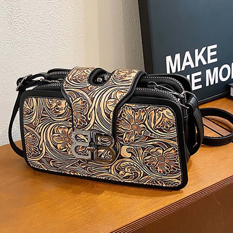 Floral Crossbody Bag For Women Triple Compartment Leather Purse