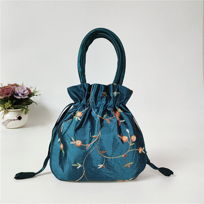 Embroidery Floral Clutch Drawstring Bucket Bag Handbag Party Bag