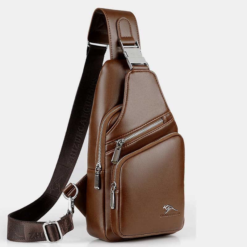 Leather Sling Bag with USB Charging Port Hiking Travel Chest Bag