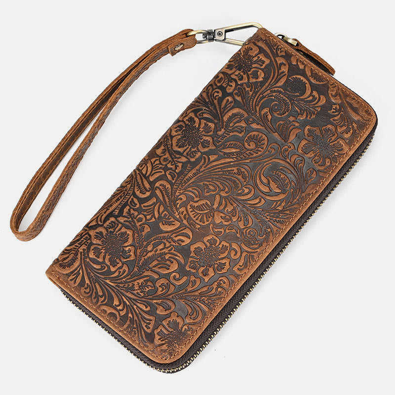 Long Wallet For Men RFID Retro Embossing Leather Phone Bag