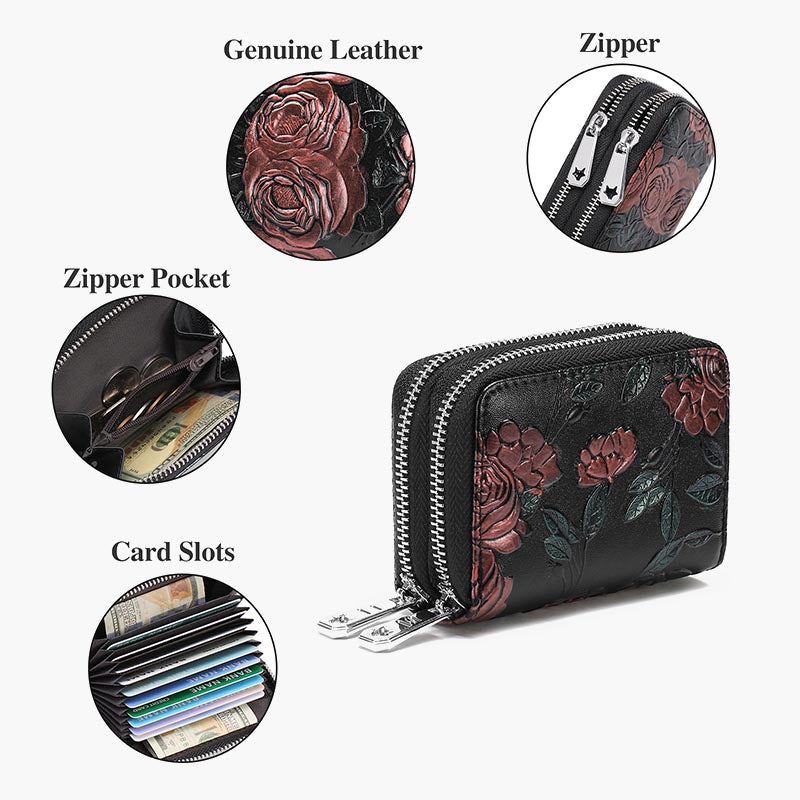 Floral Leather Wallet RFID Accordion Card Bag For Women