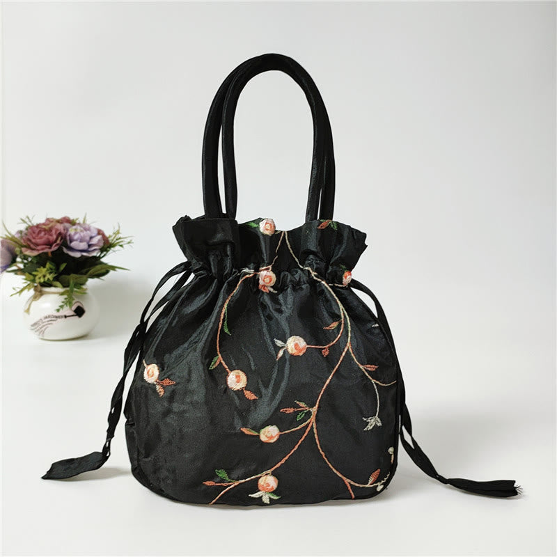 Embroidery Floral Clutch Drawstring Bucket Bag Handbag Party Bag