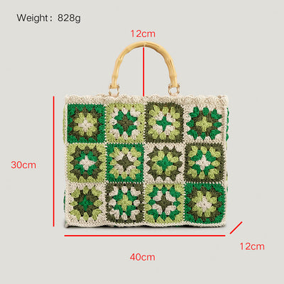 Knitted Floral Patchwork Tote Bamboo Handle Handbag