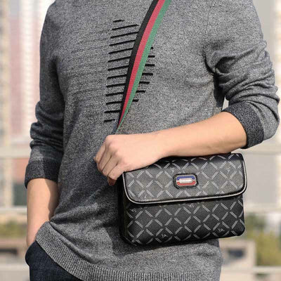 Men Leather Sling Bag Black Plaid Crossbody Bag Chest Shoulder Pack