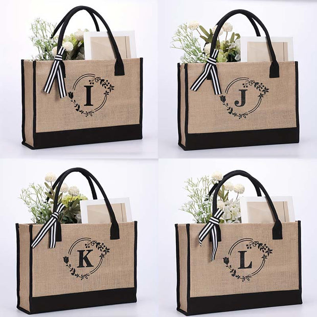 Custom Initial Floral Canvas Tote Shopping Travel Handbag