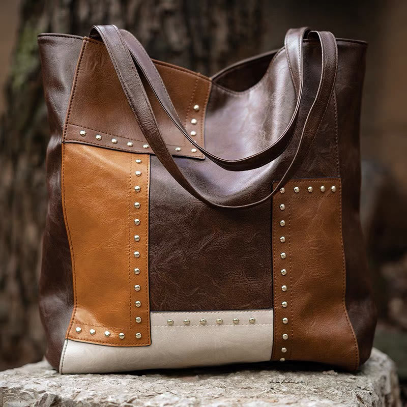 Retro Tote Bag for Women Large Capacity Splicing Leather Handbag Shoulder Bag