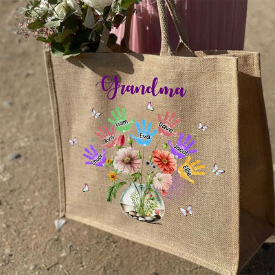 Personalized Handprint Name Jute Tote Bag Large Shopping Travel Beach Handbag