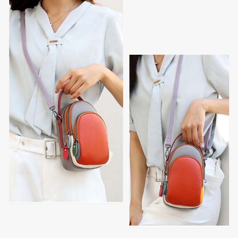 Color Matching Phone Bag Genuine Leather Crossbody Purse For Women