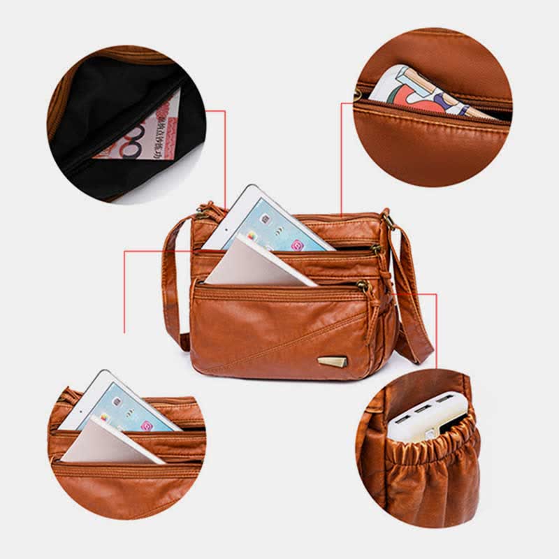 <Shipped within 24 hours> Double Compartment Soft Leather Crossbody Bag