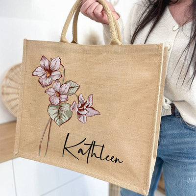 Custom Birth Floral Print Tote Large Shopping Travel Beach Burlap Handbag