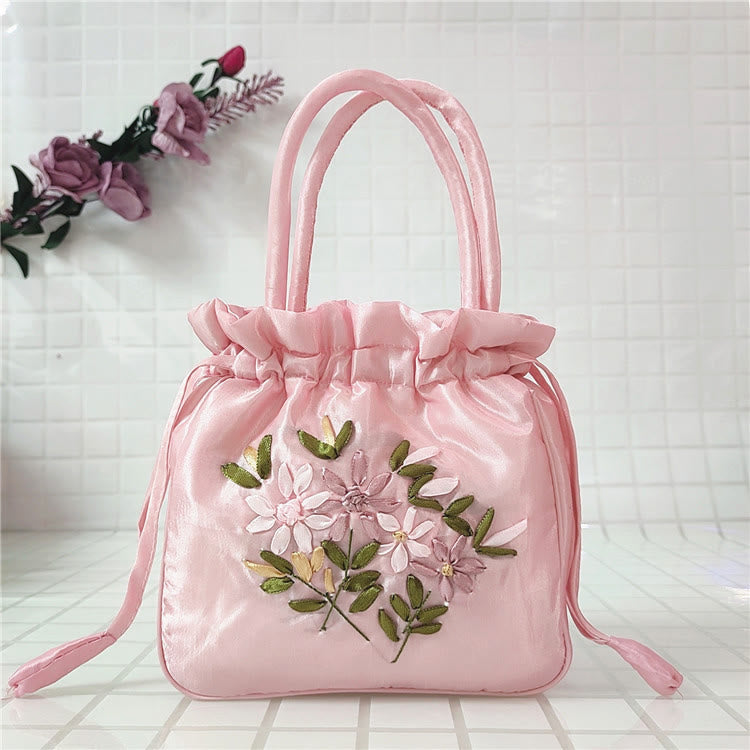 Embroidery Floral Clutch Drawstring Bucket Bag Handbag Party Bag