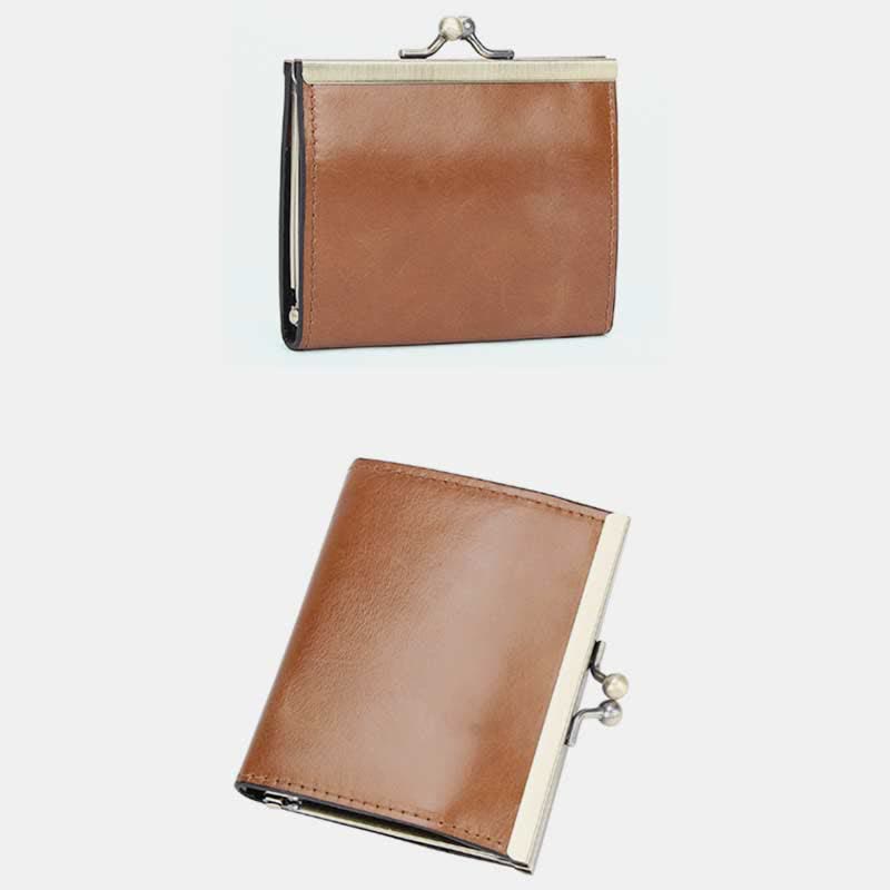 Genuine Leather Small Wallet Kiss Lock Change Coin Purse Card Holder