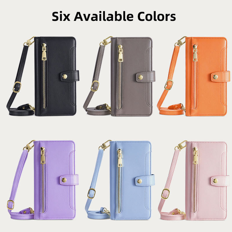 Faux Leather Wallet Case Phone Case for iPhone with Shoulder Strap