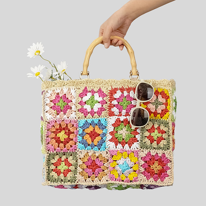 Knitted Floral Patchwork Tote Bamboo Handle Handbag