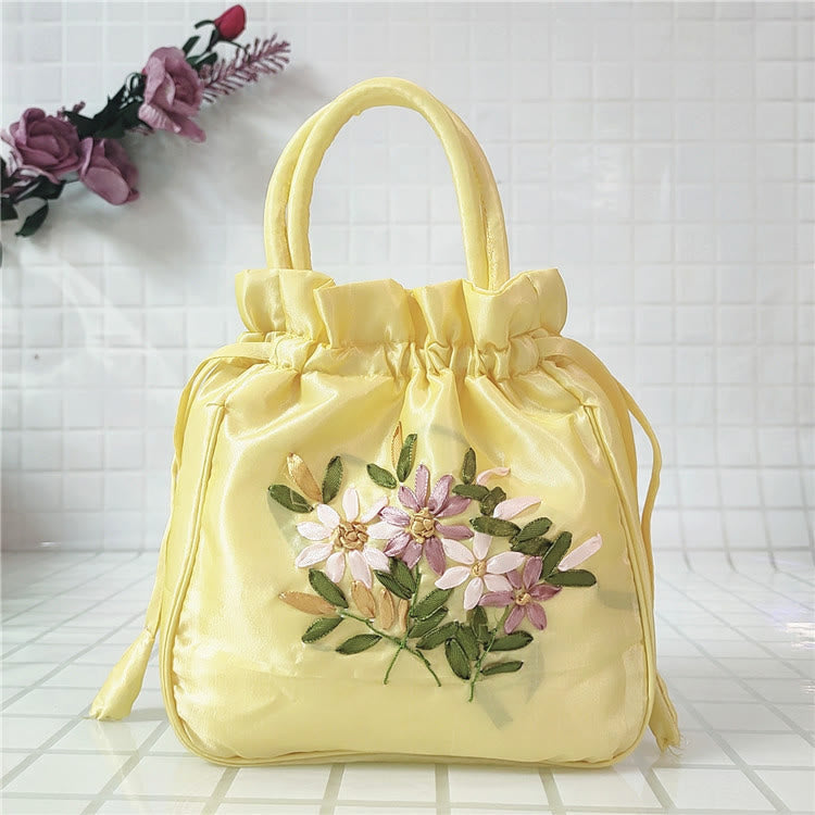 Embroidery Floral Clutch Drawstring Bucket Bag Handbag Party Bag