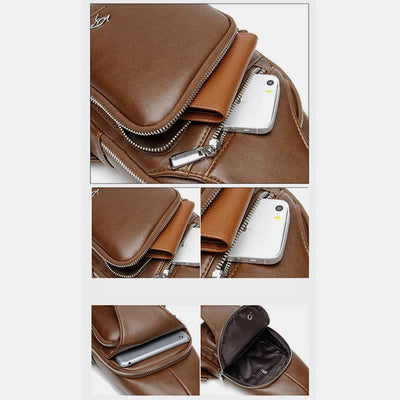 Leather Sling Bag with USB Charging Port Hiking Travel Chest Bag