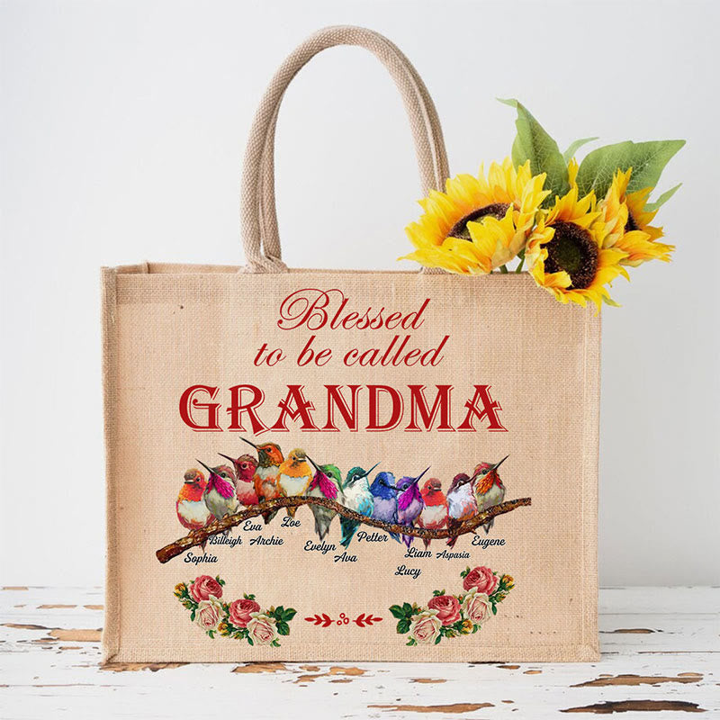 Custom Birds Family Burlap Tote Functional Jute Handbag Purses