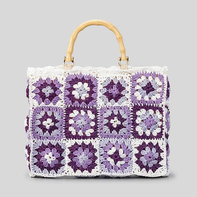 Knitted Floral Patchwork Tote Bamboo Handle Handbag