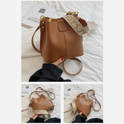 Vegan Leather Bucket Purse Wide Strap Crossbody Bag For Women