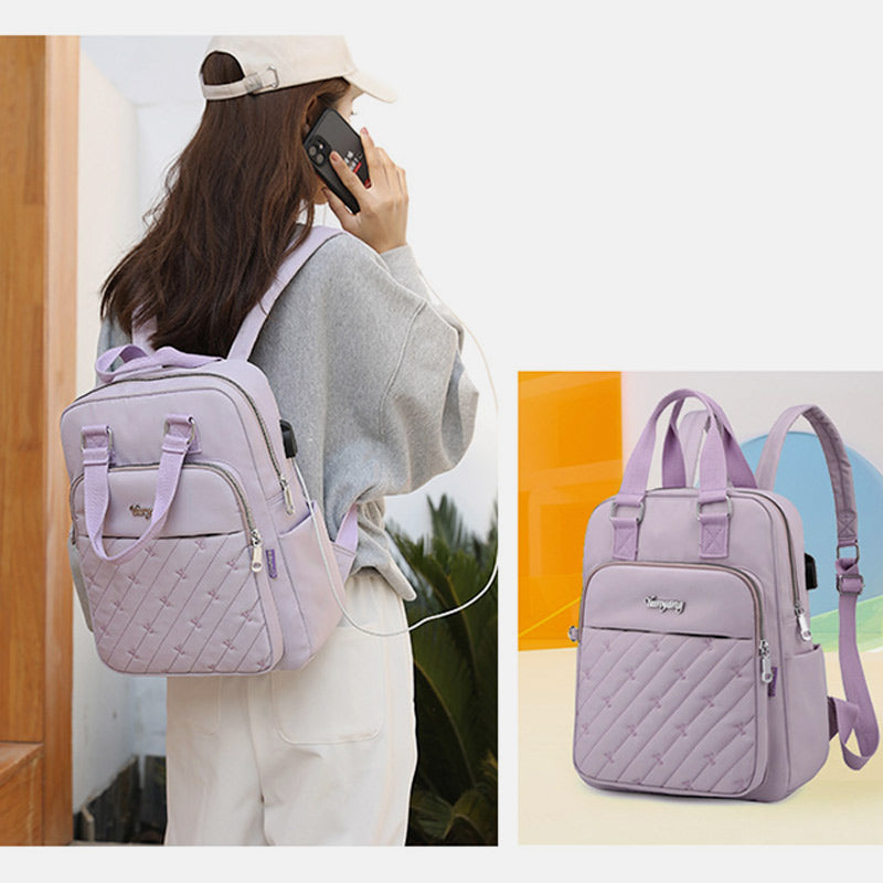 Lightweight Embossing Embroidery Backpack With USB Charging Port