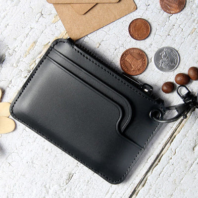 Retro Genuine Leather Small Wallet Zip Coin Purse with Key Chain