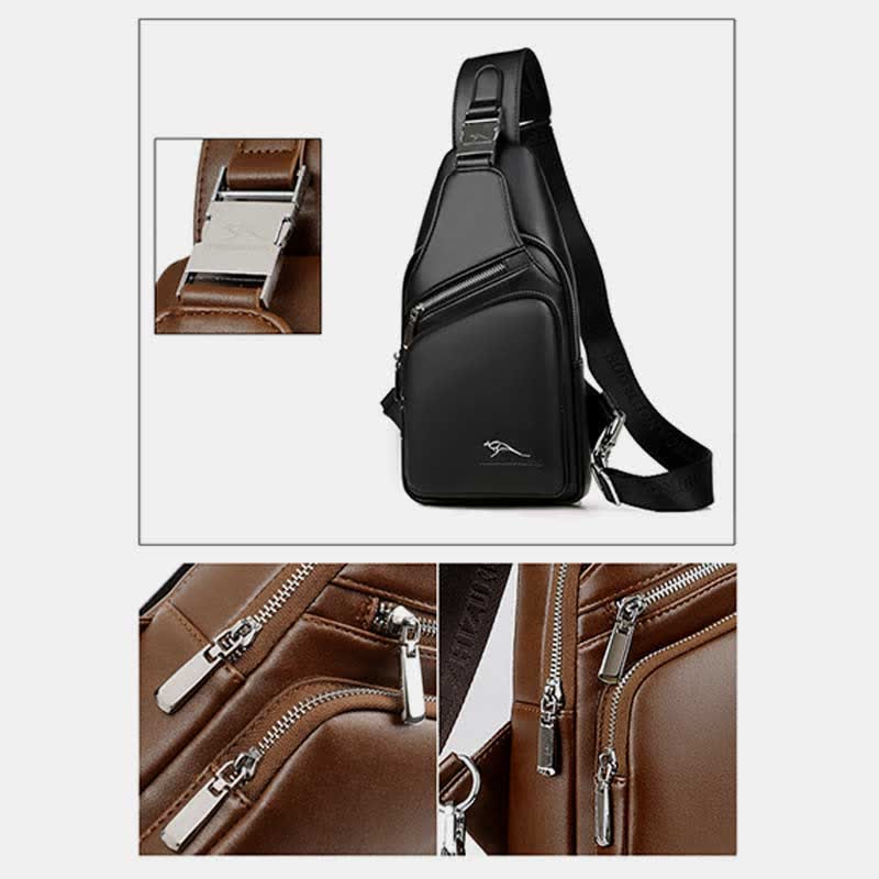 Leather Sling Bag with USB Charging Port Hiking Travel Chest Bag